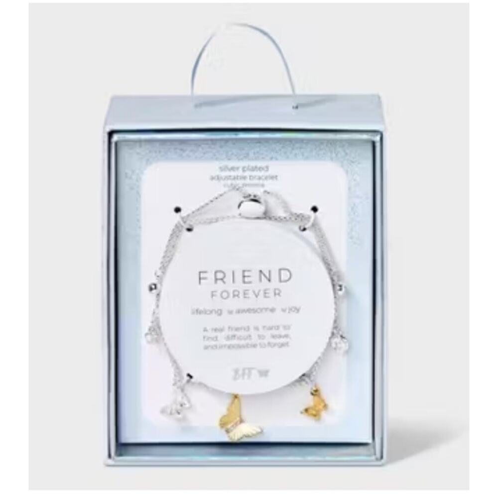 NEW Friend Forever Adjustable Charm Bracelet Butterfly 2-Tone Gift Box